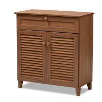 Baxton Studio FP-02LV-Walnut Coolidge Modern and Contemporary Walnut Finished 4-Shelf Wood Shoe Storage Cabinet with Drawer